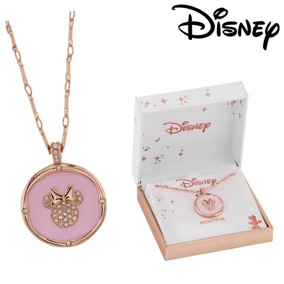 DISNEY Rose Gold Minnie Mouse Pink Enamel Crystal Pendant Necklace - Picture 1 of 8